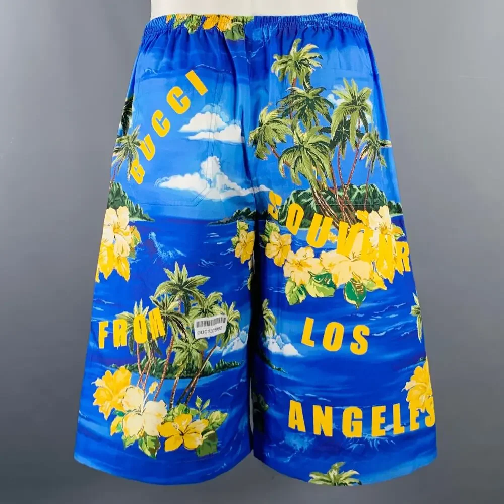 GUCCI Size 30 Blue Yellow Hawaiian Cotton Bermuda Shorts